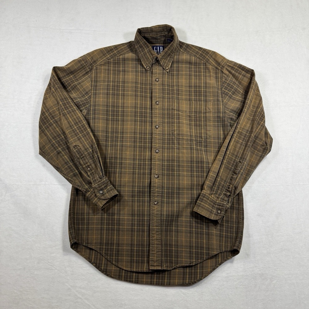 Vintage 90s GAP Mens S Plaid Button Down Shirt Brown Gold 100% Cotton Hong Kong